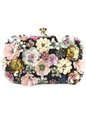 Women Black Clutches Top Flower Chain Strap Evening Handbag Shoulder Bag